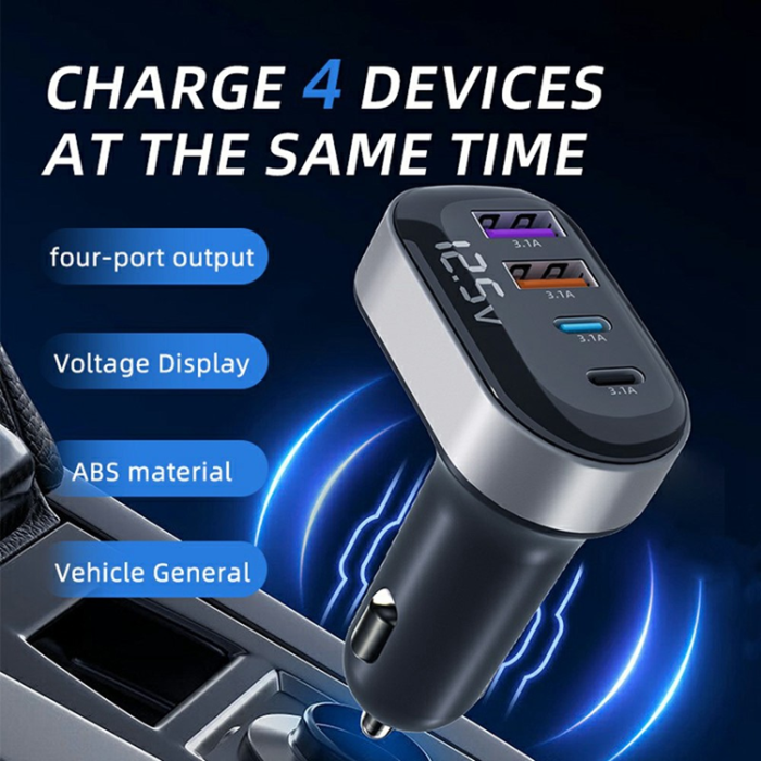 A-One Brand - Billaddare 2x USB-A - 2x USB-C med Voltage Display K33 - Svart