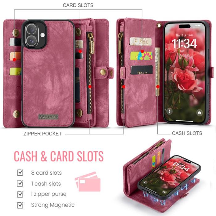 Caseme - CASEME 008 iPhone 16 Plus Plånboksfodral i Konstläder med Röd