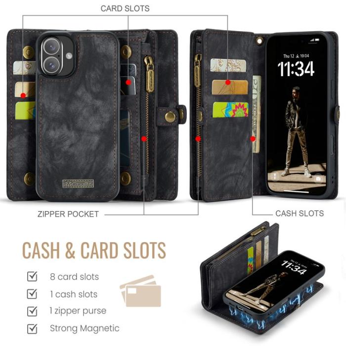 Caseme - CASEME 008 iPhone 16 Plus Plånboksfodral i Konstläder med - Svart