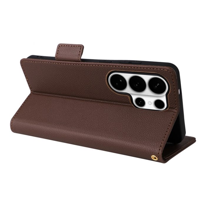 A-One Brand - Galaxy S26 Ultra Plånboksfodral Litchi Läder med Rem - Brun