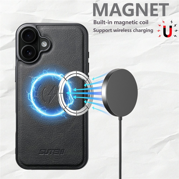 SUTENI - SUTENI iPhone 17 Mobilskal MagSafe Litchi Texture - Svart