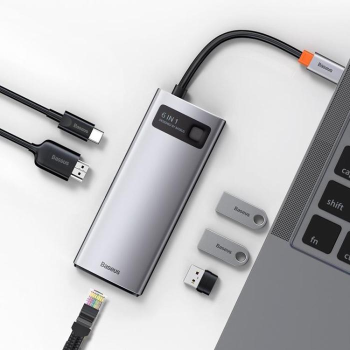 BASEUS - Baseus 6in1 Multifunktionell HUB USB-C 100 W - Grå