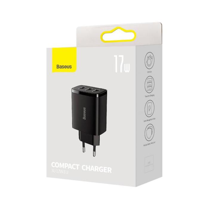 BASEUS - Baseus Compact Väggladdare 3x USB 17W - Svart