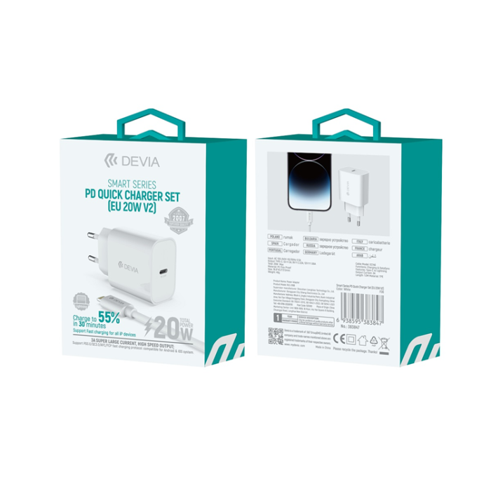 Devia - Devia Väggladdare 20W USB-C + USB-C Till Lightning Kabel - Vit