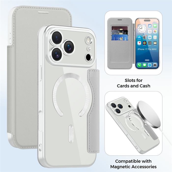 A-One Brand - iPhone 17 Pro Max Plånboksfodral Magsafe RFID Blocking - Titanium Grå