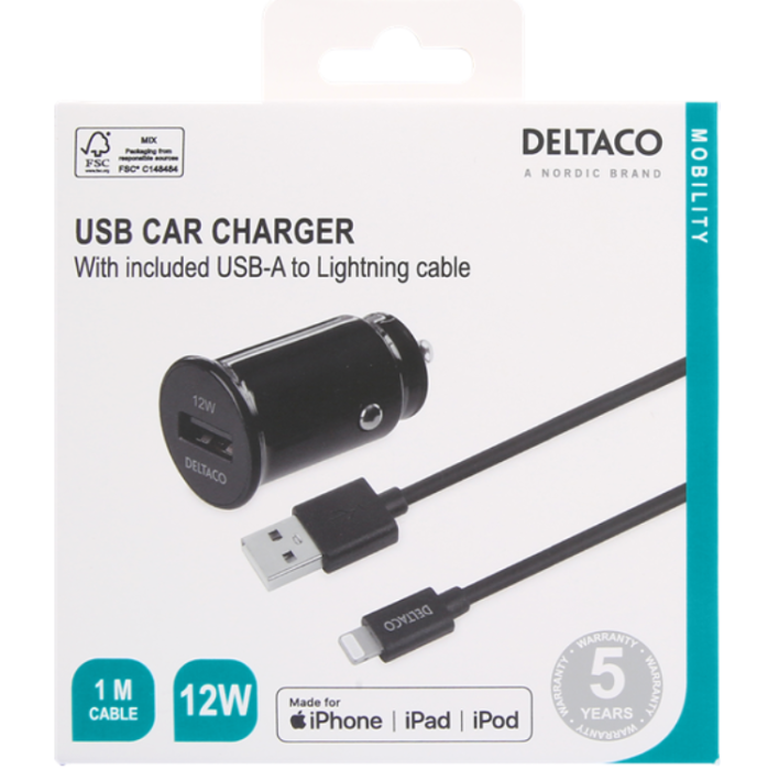 UTGATT1 - Deltaco USB Billaddare 12 W Till Lightning Kabel 1m - Svart