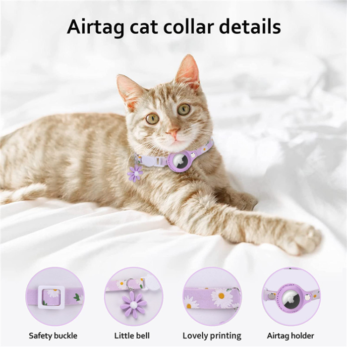 A-One Brand - Airtag Katt Halsband Blommönstrat PU-läder - Lila