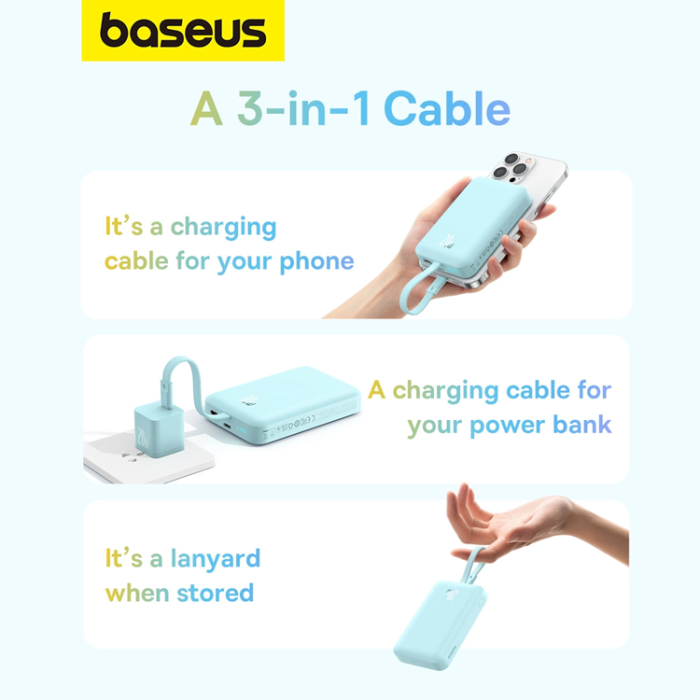 BASEUS - Baseus Magsafe Powerbank 10000mAh 20W Med Built-in Lightning Kabel - Blå