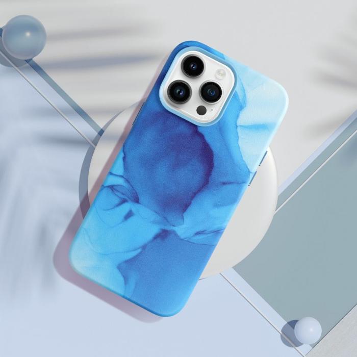 OEM - Leather Magsafe Skal för iPhone 14 PRO i blått med stänkmönster