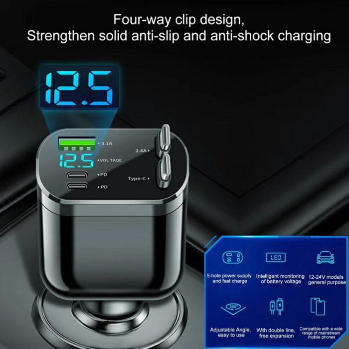 A-One Brand - 5in1 Billaddare USB-A - 2x USB-C med Dual Indragbar Kabel LED