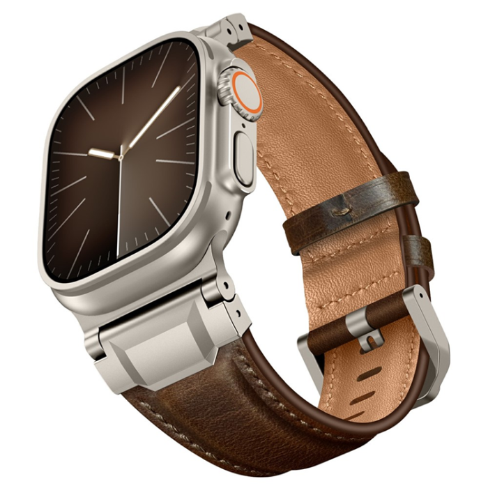 A-One Brand - Apple Watch (42/44/45/46/49mm) Armband Cowhide Läder - Coffee Brun/Titanium