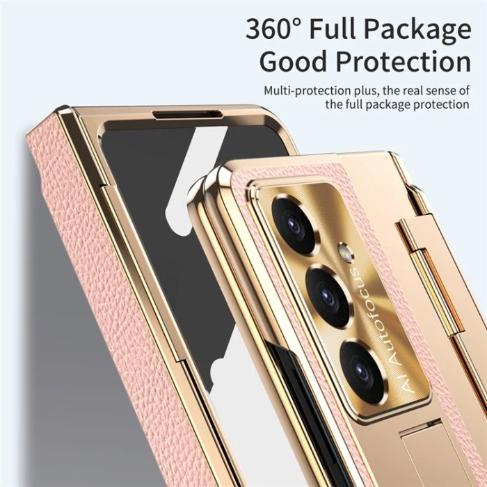 A-One Brand - Galaxy Z Fold7 5G Mobilskal läder + PC Kickstand - Guld+Rosa