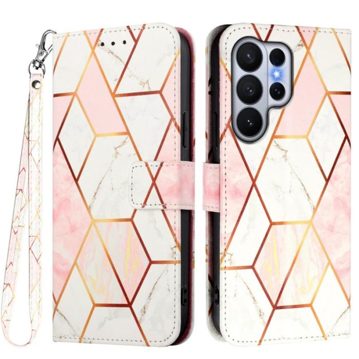 OEM - SAMSUNG Galaxy S26 Ultra Skal Marmor Mönster Äkta Läder - Rosa/Vit