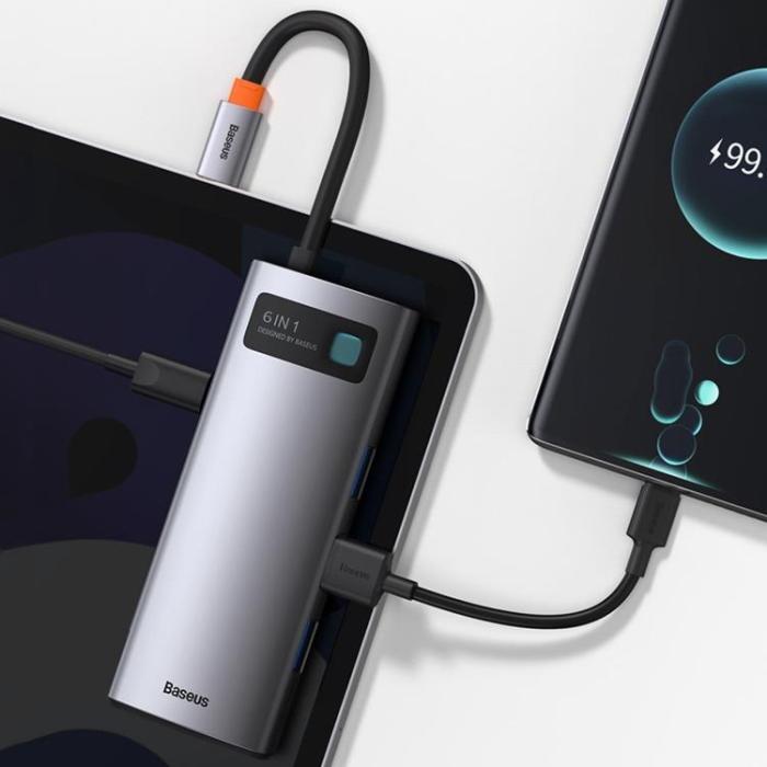BASEUS - Baseus 6in1 Multifunktionell HUB USB-C 100 W - Grå