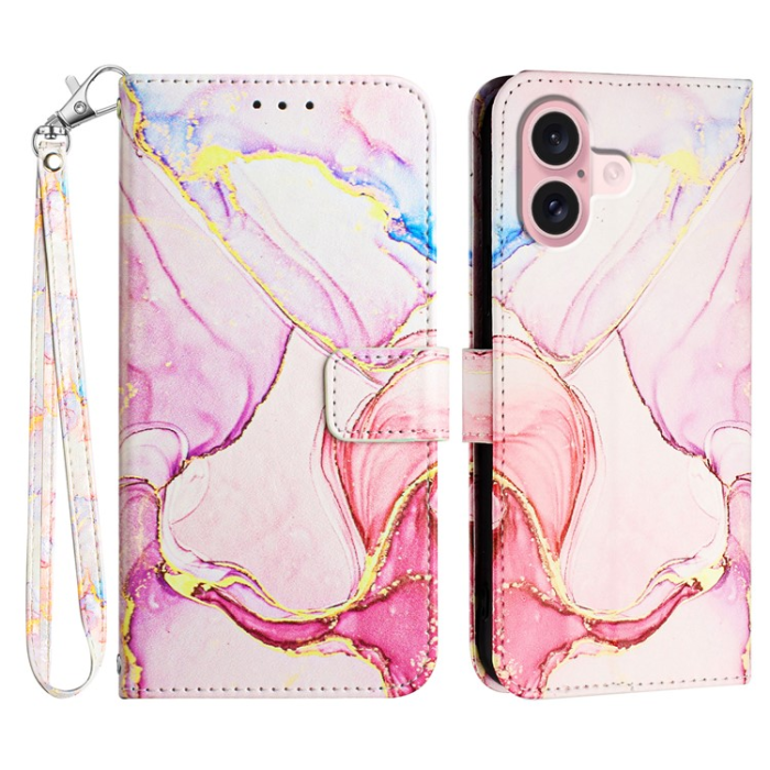 A-One Brand - iPhone 16 Plus Plånboksfodral Marble Pattern med Rem LS005