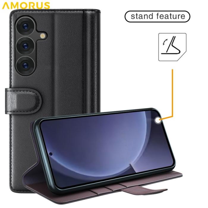 Amorus - AMORUS Samsung Galaxy S26 Plånboksfodral Äkta Läder - Svart