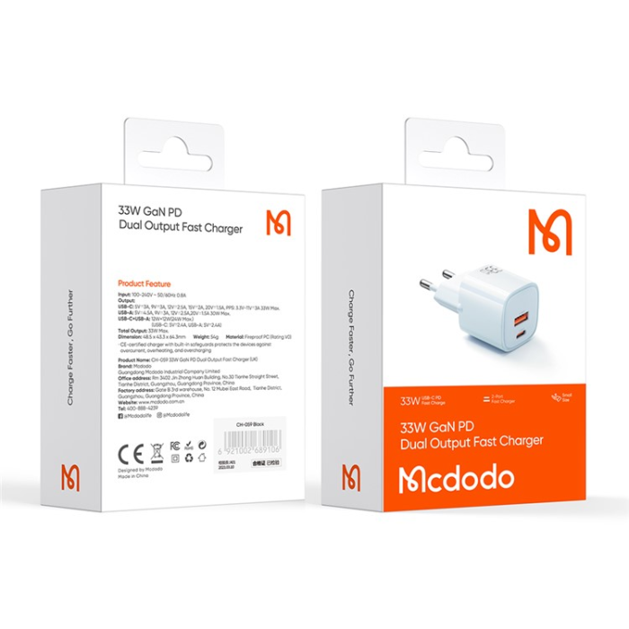 Mcdodo - MCDODO Snabbladdare 33W USB-C - USB-A EU PD Nano - Blå
