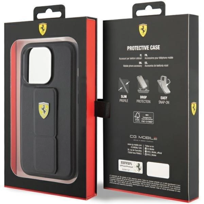 Ferrari - Ferrari iPhone 15 Mobilskal Grip Stand Metal Logo - Svart