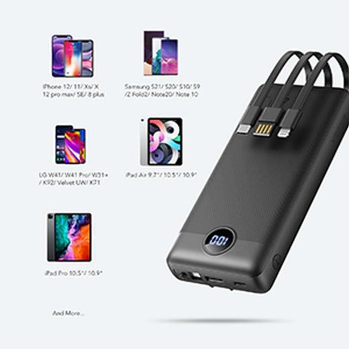 Veger - VEGER Powerbank 20000 mAh med Lightning/Typ-C/Micro-USB Kabel C20