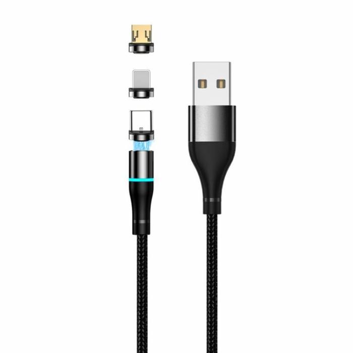 Setty - Setty Magnetisk USB/MicroUSB/Lightning/Typ-C Kabel 1m 2A Nylon Svart