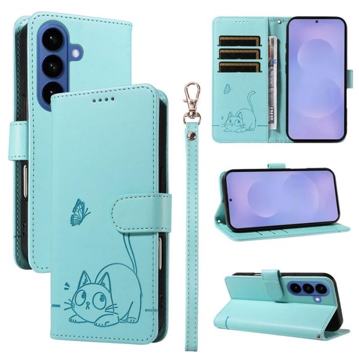 OEM - Cat Pattern Imprint Samsung Galaxy S26+ Mobilskal KonstLäder - Grön