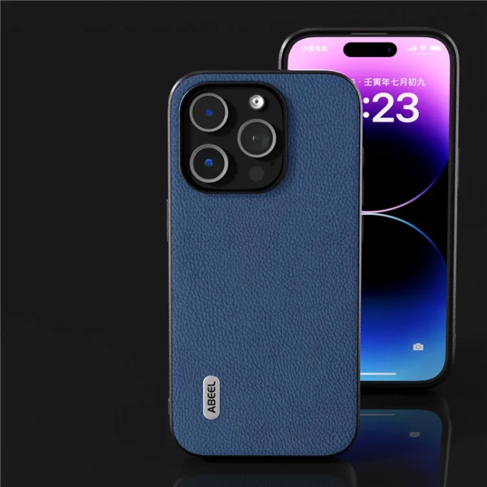 ABEEL - ABEEL Mobilskal till iPhone 15 Pro Äkta Läder Litchi - Blå