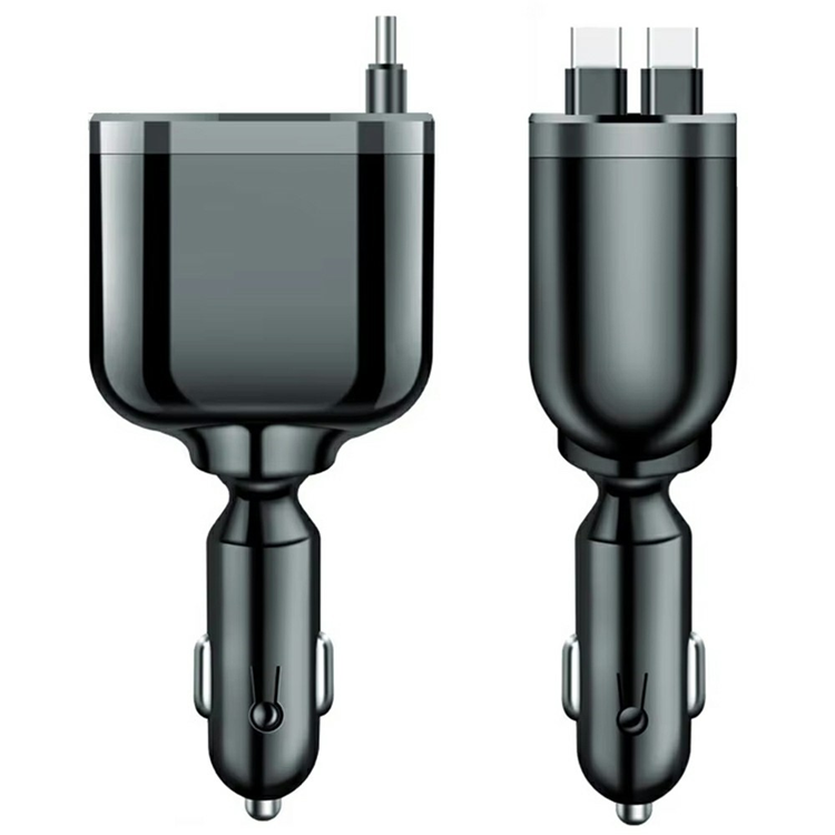5in1 Billaddare USB-A - 2x USB-C med Dual Indragbar Kabel LED | 505295 | AlltMobil