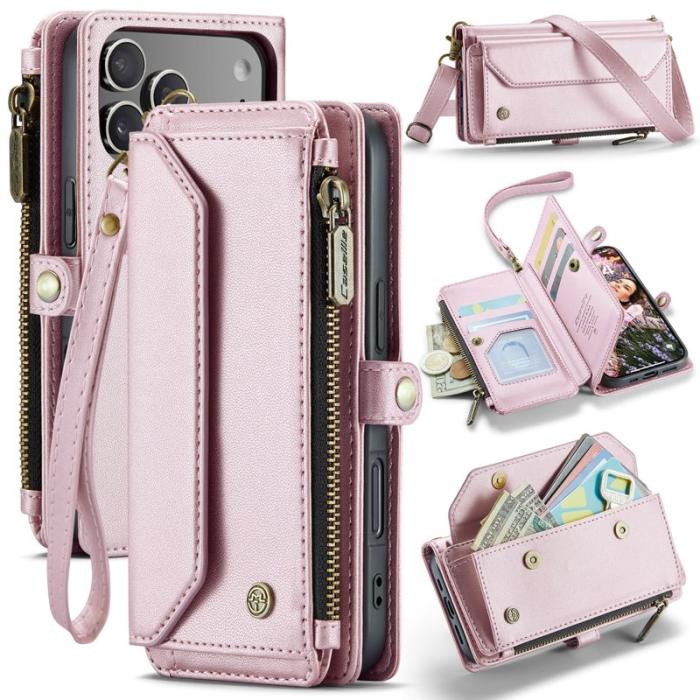Caseme - CASEME Plånboksfodral Konstläder för iPhone 17 Pro med dragkedja - Rosa