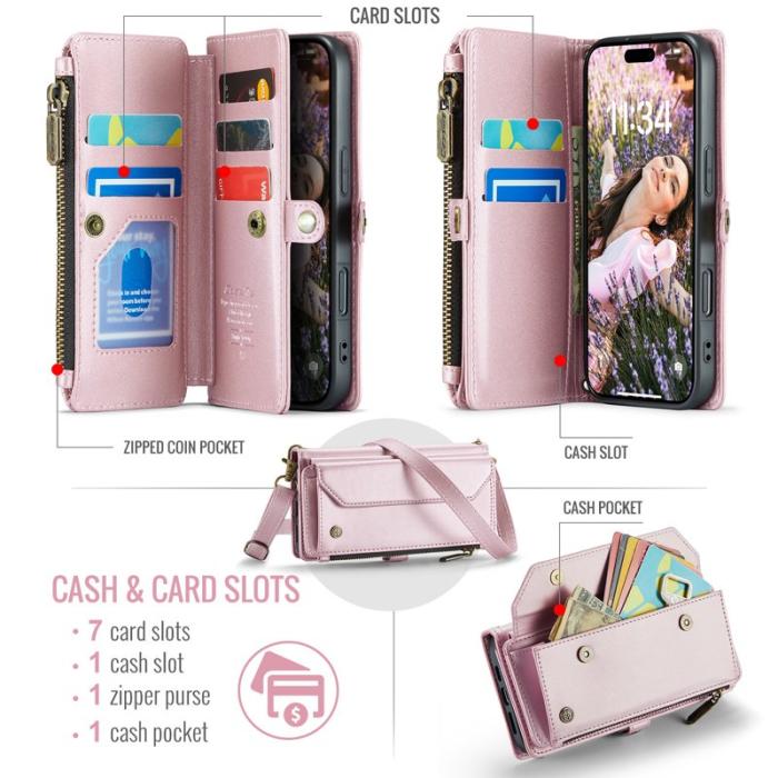 Caseme - CASEME Plånboksfodral Konstläder för iPhone 17 Pro med dragkedja - Rosa