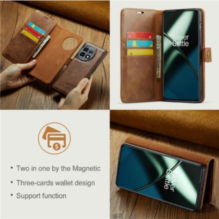DG.MING - DG.MING OnePlus 11 Plånboksfodral Äkta Läder 2-i-1 - Brun