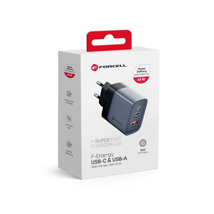 Forcell - Forcell F-Energy Väggladdare GaN 45W 1xUSB-C 1xUSB-A 4A PD QC 4.0