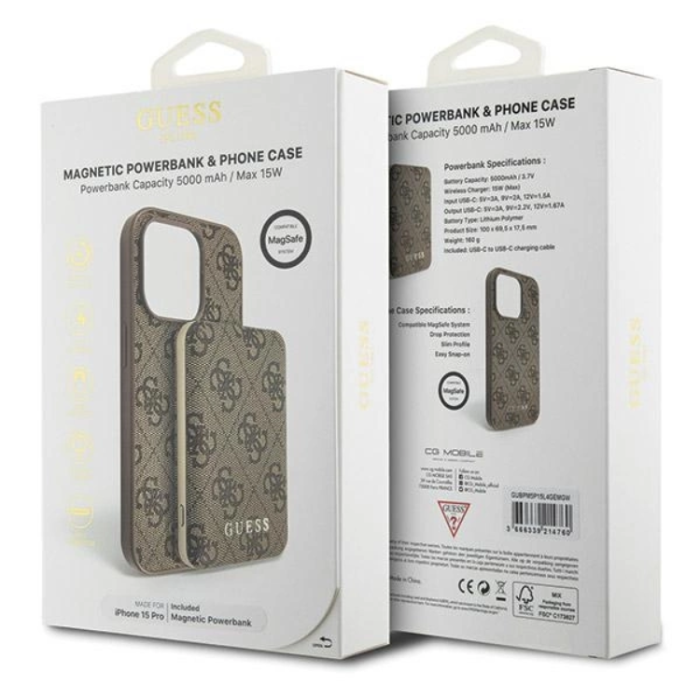 Guess - Guess iPhone 15 Pro Max Mobilskal Med Powerbank 5000mAh Magsafe Metal Logo