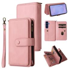 OEM - Samsung Galaxy S26 Plus Pl&aring;nboksfodral Konstl&auml;der Dragkedja 15 Kortplatser Rosa