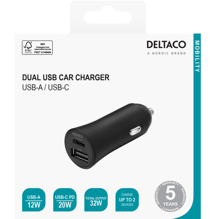 UTGATT1 - Deltaco Billaddare USB Till USB-C 32W - Svart
