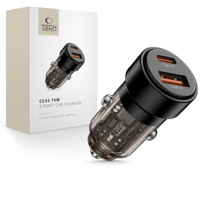 Tech-Protect - Tech Protect Billaddare USB-A Till USB-C 75W - Svart