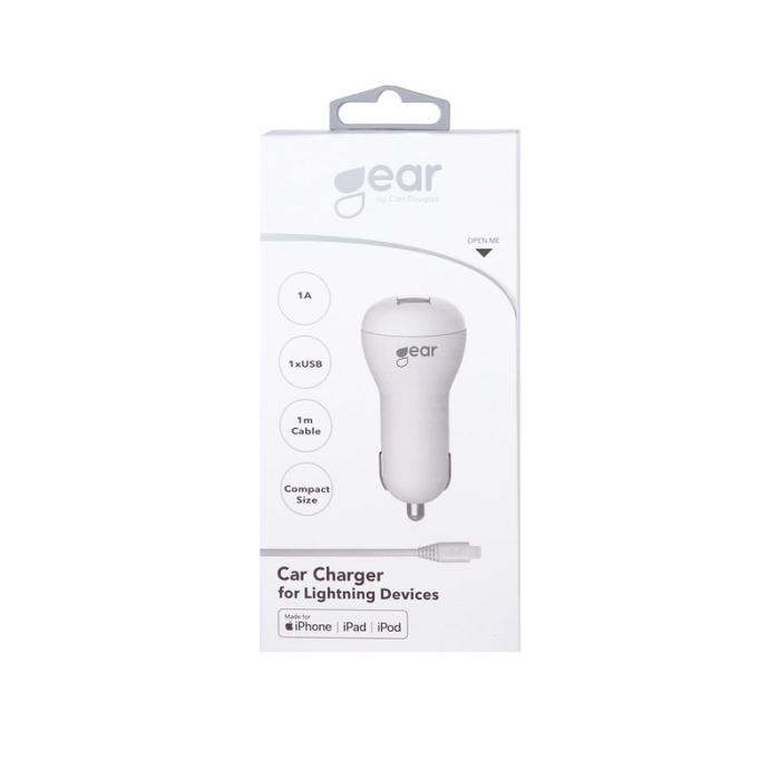 UTGATT1 - GEAR Laddare 12-24V 1xUSB 1A Lightning Kabel Rund 1m MFI - Vit