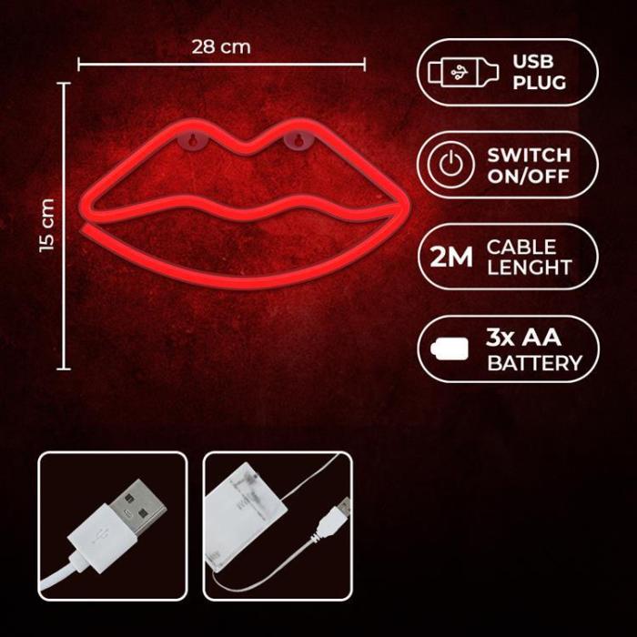 Forever Light - Forever Light LED Neon LIPS Bat + USB FLNE08 - Röd