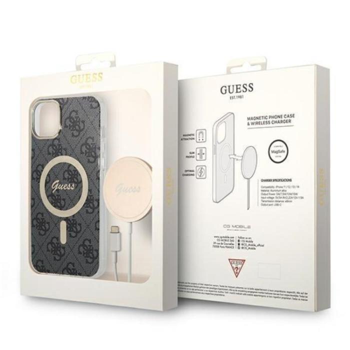Guess - GUESS iPhone 14 Plus Magsafe Skal Print + Trådlös Laddare - Svart