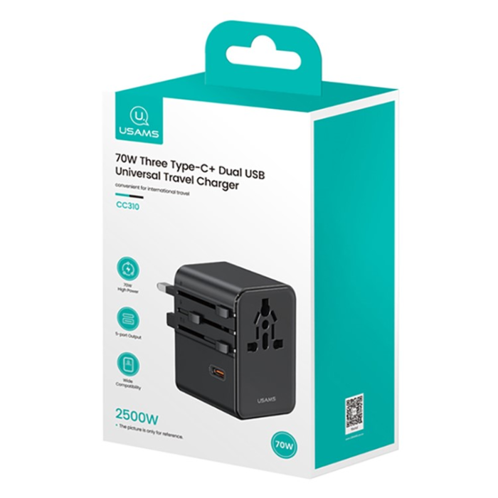 USAMS - USAMS Väggladdare 3x USB-C - 2x USB-A 70W CC310 T68 - Svart