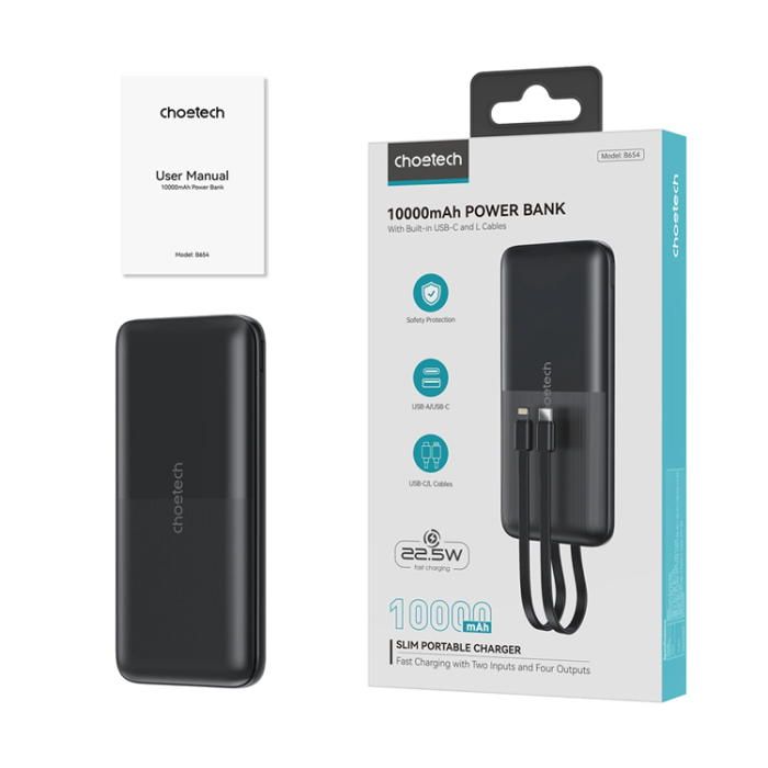 Choetech - Choetech Powerbank 10000mAh 22.5W med USB-C/Lightning Kabel