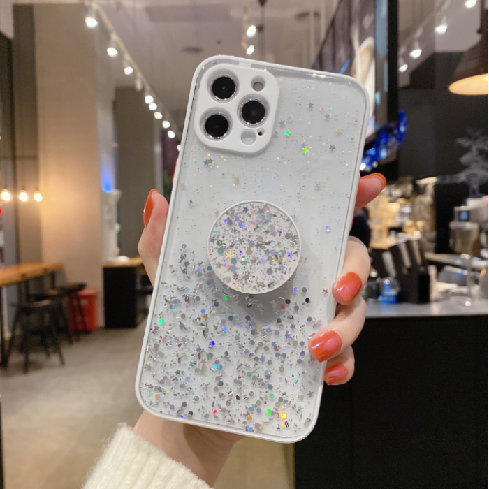 OEM - Round Glitter Mobilhållare / Mobilgrepp - Vit