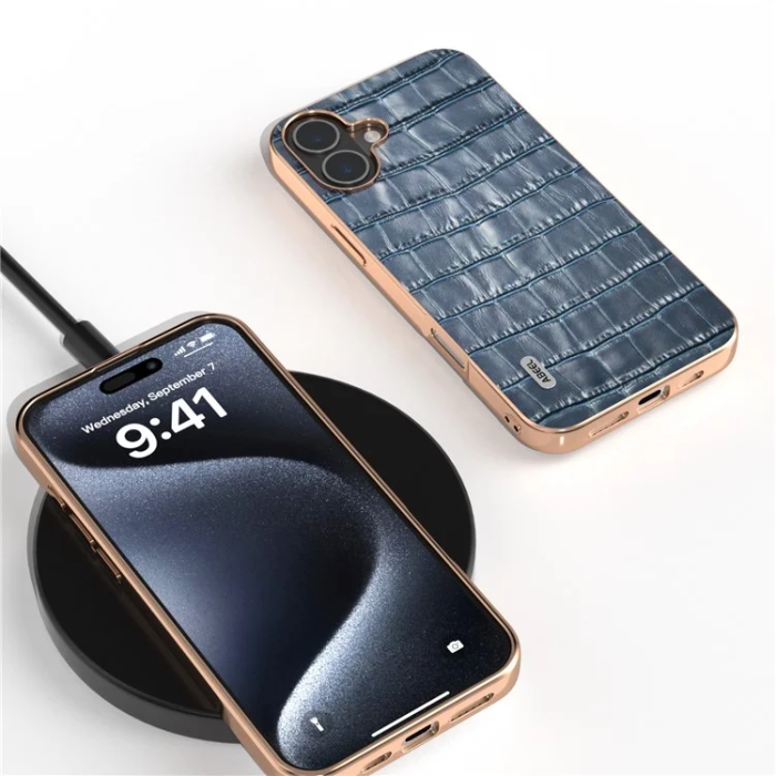 ABEEL - ABEEL iPhone 16 Plus Mobilskal Äkta läder Crocodile - Blå