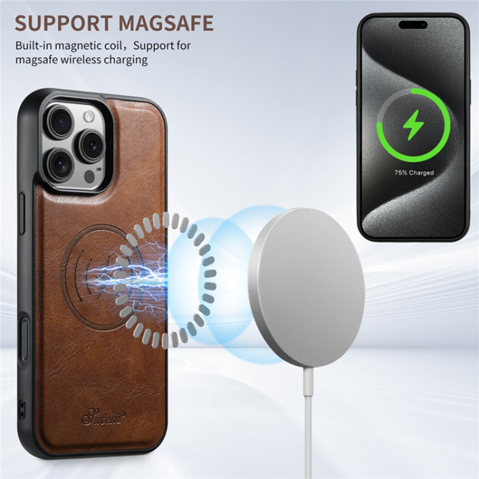 SUTENI - SUTENI iPhone 16 Pro Mobilskal MagSafe Korthållare H17 - Brun