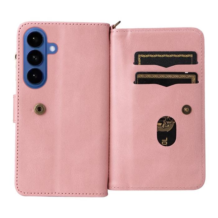 OEM - Samsung Galaxy S26 Plus Plånboksfodral Konstläder Dragkedja 15 Kortplatser Rosa