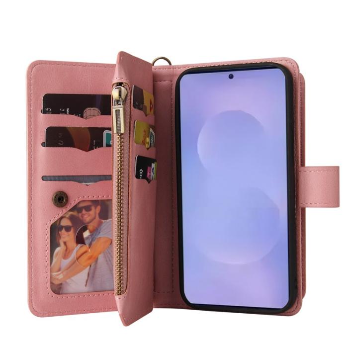 OEM - Samsung Galaxy S26 Plus Plånboksfodral Konstläder Dragkedja 15 Kortplatser Rosa
