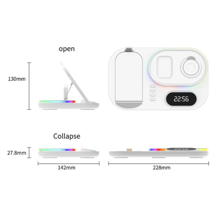 A-One Brand - 4-in-1 Trådlös laddare iPhone, Apple Watch, AirPods, Digital klocka 15W