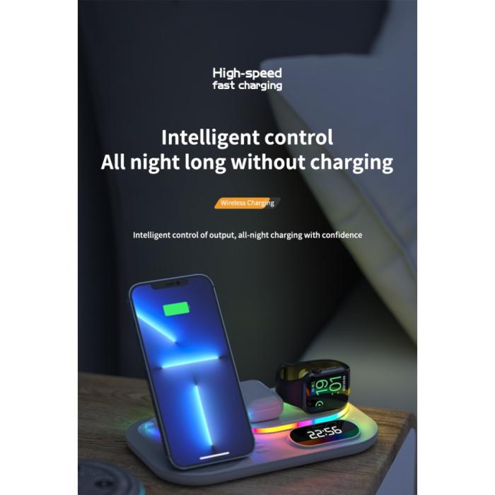 A-One Brand - 4-in-1 Trådlös laddare iPhone, Apple Watch, AirPods, Digital klocka 15W