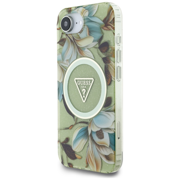 Guess - Guess iPhone 16e Mobilskal Magsafe Glitter Flower - Grön