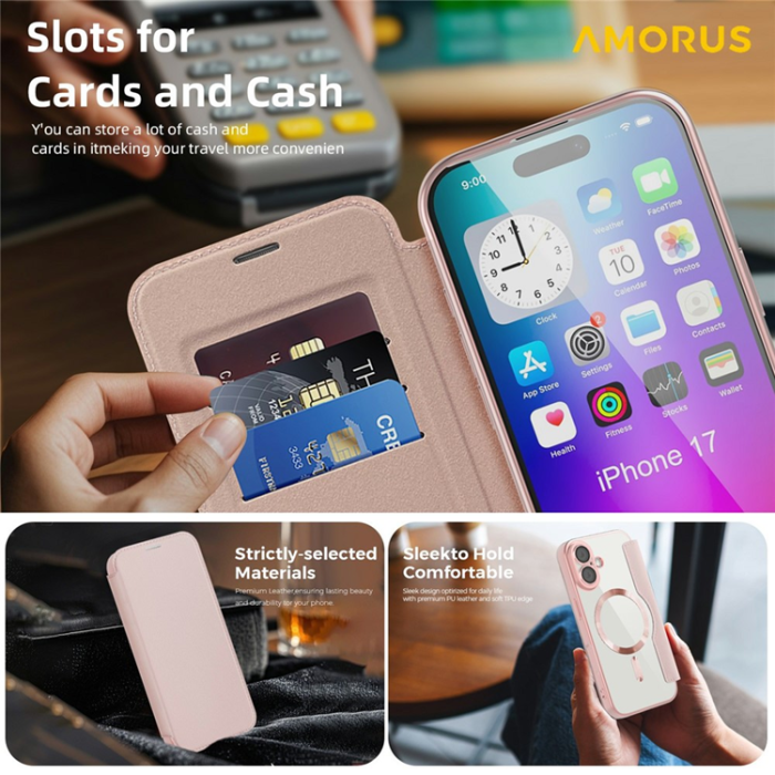 Amorus - AMORUS iPhone 17 Plånboksfodral MagSafe RFID Blocking - Rosa