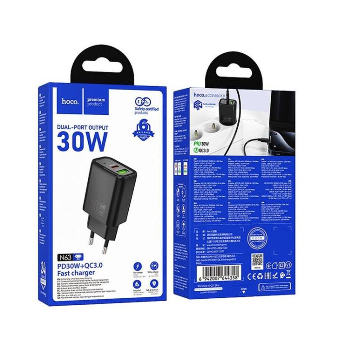 Hoco - HOCO Snabbladdare USB-A/USB-C 30W N63 QC3.0 3A - Svart
